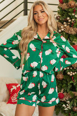 Grünes Pyjama-Set aus Satinhemd und Shorts mit Weihnachtsmann-Print