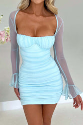 Plissiertes Patchwork-Minikleid mit langen Ärmeln