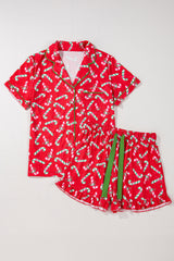Rotes Pyjama-Set mit weihnachtlichem Zuckerstangen-Print und Taschen