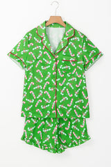 Grünes Pyjama-Set mit weihnachtlichem Zuckerstangen-Print und Taschen