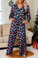 Marineblaues Pyjama-Set mit Hemd und Hose mit buntem Weihnachtslichter-Print