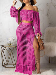 Set aus Crop-Top und Rock mit Netzstoffquasten