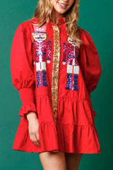 Minikleid mit Revers und Knopfleiste, Pailletten und Stufen