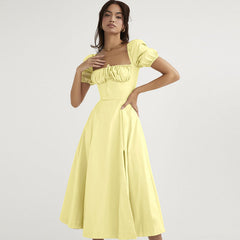 Elegantes, schulterfreies Midi-Sommerkleid mit Puffärmeln und Bindeband vorne und hohem Schlitz - Weiß