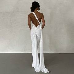 Solid Color One Shoulder Ruched Classic Evening Maxi Dress - Black