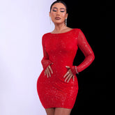 Glitzerndes Strass-Quasten-Boot-Ausschnitt, offener, raffinierter Rücken, Party-Minikleid - Schwarz