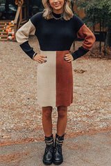 Winter Latte Strick-Minikleid mit Farbblock und Stehkragen