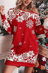 Weihnachtliches, schulterfreies Sweatshirt-Minikleid mit Schneeflocken-Print