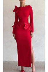 Ultra Luxuriöses Stretch-Party-Maxikleid mit hübschen Schleifen, Cut-out an der Taille und Schlitz