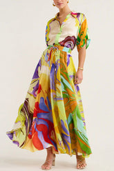 Reiss – Swing-Maxirock aus Satin mit buntem Print und Kordelzug und elastischer Taille