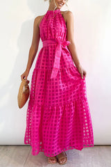 Elena Maxikleid aus gemustertem Tüllstoff mit Gürtel und Neckholder