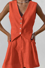 V Neck Sleeveless Single Breasted Top Side Pocket Shorts Set