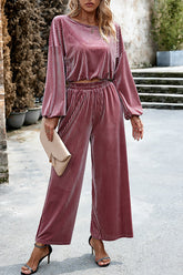 Velvet Long Sleeved Top and Wide Leg Pants Two Piece Set
