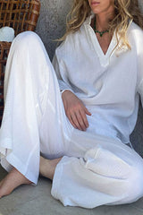 Bequemes zweiteiliges Set mit V-Ausschnitt und Laternenärmeln