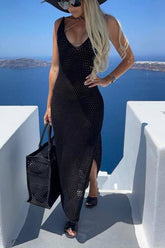 Free Spirited – Ausgehöhltes Strick-Überwurfkleid mit Schlitz