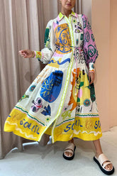 Boldness and Art – Patchwork-Hemd-Midikleid mit einzigartigem Druck und Ballonärmeln