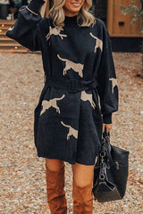 Fiercely in Love Leopard Print Mock Neck Removable Belt Sweatshirt Mini Dress