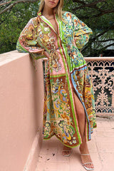 Farbblock Einzigartiger Druck Tasche Knopf Kordelzug Langarm Maxikleid