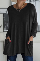 Lässiges, einfarbiges Patchwork-Oberteil mit O-Ausschnitt und Tasche (13 Farben)