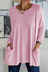 Lässiges, einfarbiges Patchwork-Oberteil mit O-Ausschnitt und Tasche (13 Farben)