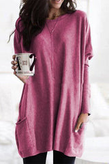 Lässiges, einfarbiges Patchwork-Oberteil mit V-Ausschnitt und Tasche (15 Farben)