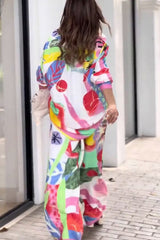 Colorful Tropical Print Button Shirt and Elastic Waist Pocketed Pants Set