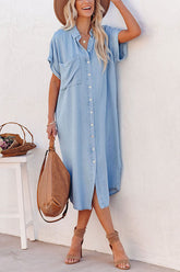 Rita Tencel-Midikleid mit Knopfleiste und Taschen