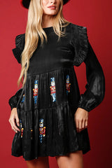 Weihnachtsspielzeug-Soldat – Stufen-Minikleid aus Satin mit Pailletten und Ballonärmeln