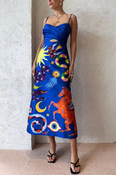 Main Stage – Einzigartiges, bedrucktes Midikleid mit gerüschtem, überkreuztem Trägerdetail