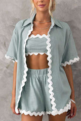 Harry Waved Trim Button Loose Shirt and Elastic Waist Pocketed Shorts Set