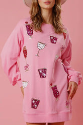 Holiday Cheer Cocktail-Print, Tasche, Rundhalsausschnitt, Langarm-Minikleid