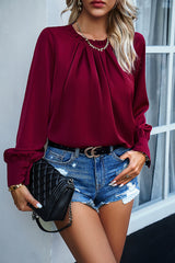 Elegantes, plissiertes Langarm-Oberteil in Volltonfarbe mit Rundhalsausschnitt