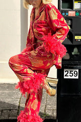 Hollywood Queen Pyjama-Set aus Samt mit Blumenmuster und Federbesatz, elastischer Taille und Taschen