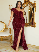 Maxi-Paillettenkleid mit Volants und hohem Schlitz in Übergröße PXH2275