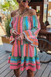 Friendly Shores – Schulterfreies, lockeres Minikleid aus Leinenmischung mit Ethno-Print