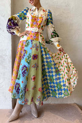 Auffälliges und schickes Midi-Hemdkleid mit unregelmäßigem, einzigartigem Druck, Ballonärmeln und Gürtel