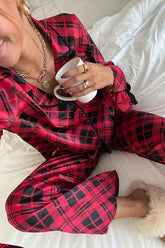 Pyjama-Set mit kariertem Banddetail und Taschen in der Taille für die Feiertage und Filmparty