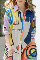 Einreihiges Langarmhemd mit Knopfleiste und Portrait-Print