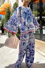 Hose mit weitem Bein und elastischer Taille im Porzellan-Blumenmuster