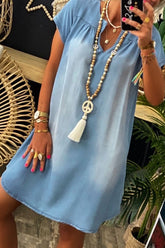 Lockeres, lässiges, kurzärmliges Mini-Jeanskleid