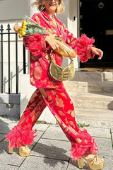 Hollywood Queen Pyjama-Set aus Samt mit Blumenmuster und Federbesatz, elastischer Taille und Taschen