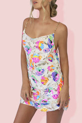 Rückenfreies Minikleid in A-Linie mit Rundhalsausschnitt, Pailletten und Blumenmuster