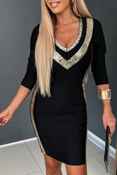 Moon River – Langärmliges Minikleid mit V-Ausschnitt und goldenem Patchwork