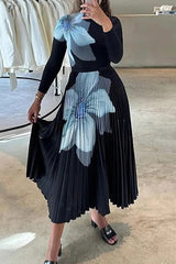 Evans Knit Floral Print Long Sleeved Top and Pleated Midi Skirt Set