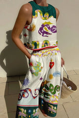 Best Photo – Tanktop aus Leinenmischung mit einzigartigem Aufdruck und Hosenset mit Taschen und elastischer Taille