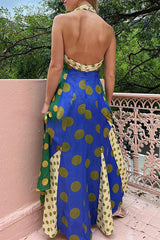 Maxikleid mit kontrastfarbenem Punktemuster und Reißverschluss auf der Rückseite, Neckholder und Knopfleiste