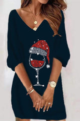 Weihnachts-Minikleid mit Pailletten und V-Ausschnitt und halblangen Ärmeln