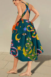 Frisches, sommerliches, rückenfreies, lockeres Crossover-Midikleid mit Taschen