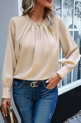 Elegantes, plissiertes Langarm-Oberteil in Volltonfarbe mit Rundhalsausschnitt