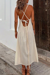 Freedom Calls – Midikleid aus Leinenmischung mit ethnischem Print und Bindeband auf der Rückseite